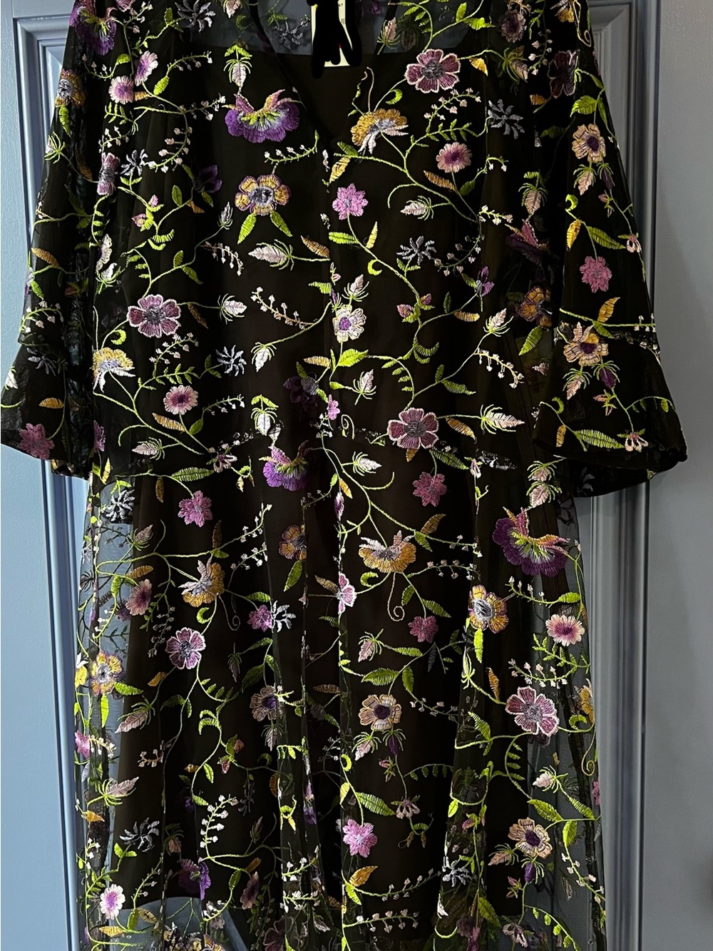 Kensie Black Midi Dress with Purple, Pink & Green Floral Embroidery
